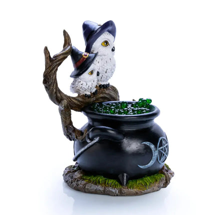 Witchy-themed LED lamp with owls, tree branches, and green glow