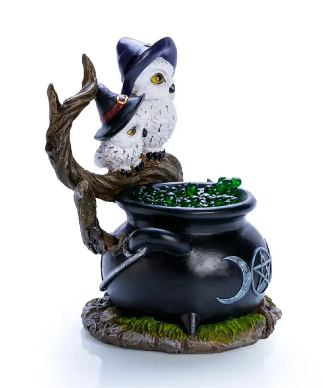Witchy-themed LED lamp with owls, tree branches, and green glow