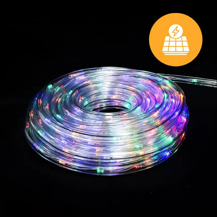 Coiled Solar-Powered Multicolor LED Rope Lights for decorative outdoor illumination