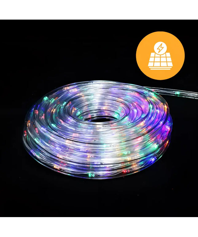 Coiled Solar-Powered Multicolor LED Rope Lights for decorative outdoor illumination
