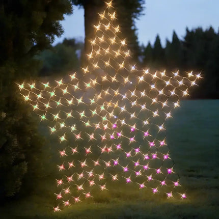 Solar 150 LED Star Net rainbow-colored star-shaped string lights display evenly across 150cm