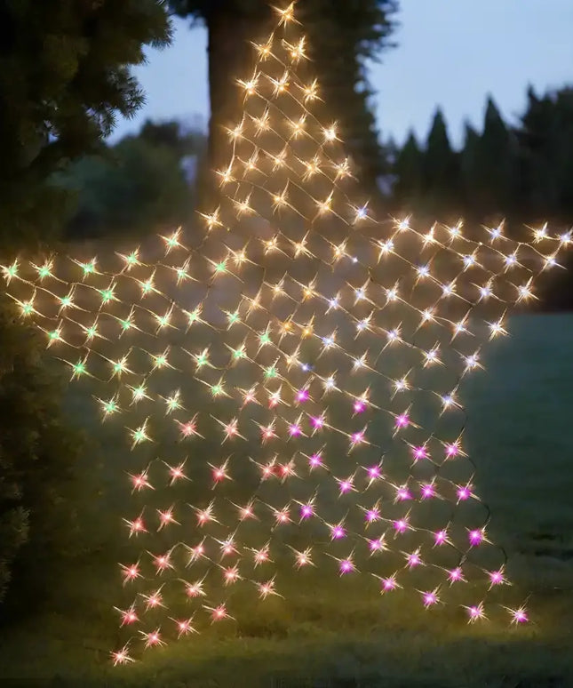 Solar 150 LED Star Net rainbow-colored star-shaped string lights display evenly across 150cm