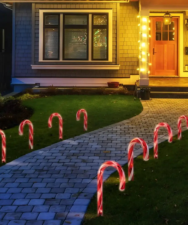 Solar Candy Cane Path Lights in an 8-pack illuminating the walkway with festive charm