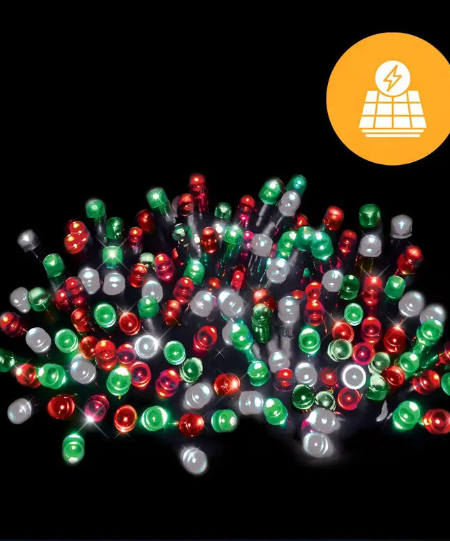 Solar-powered Christmas lights with 500 LEDs available in four colors for festive decoration