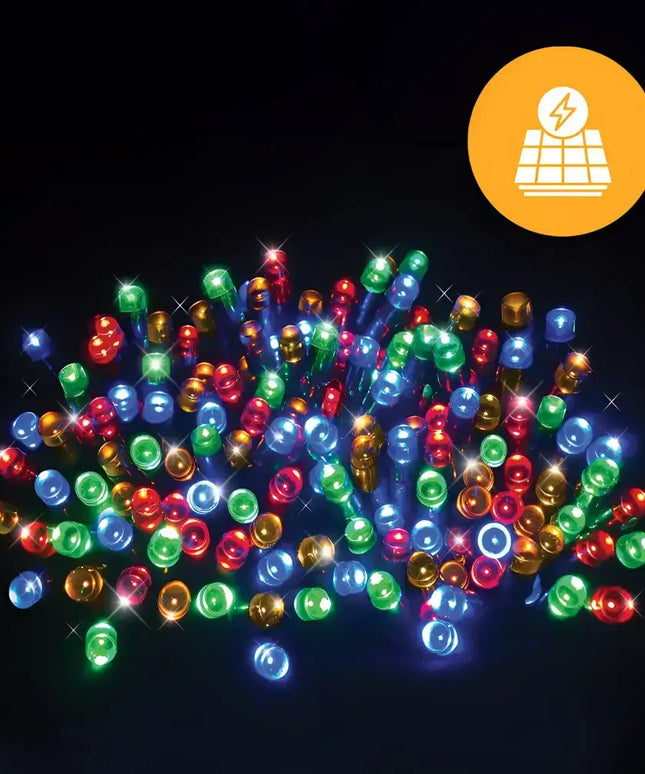 Colorful solar-powered string lights with 500 LEDs available in warm white and four colors