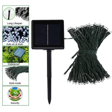Solar-powered string lights with ground stake for outdoor garden and holiday decoration
