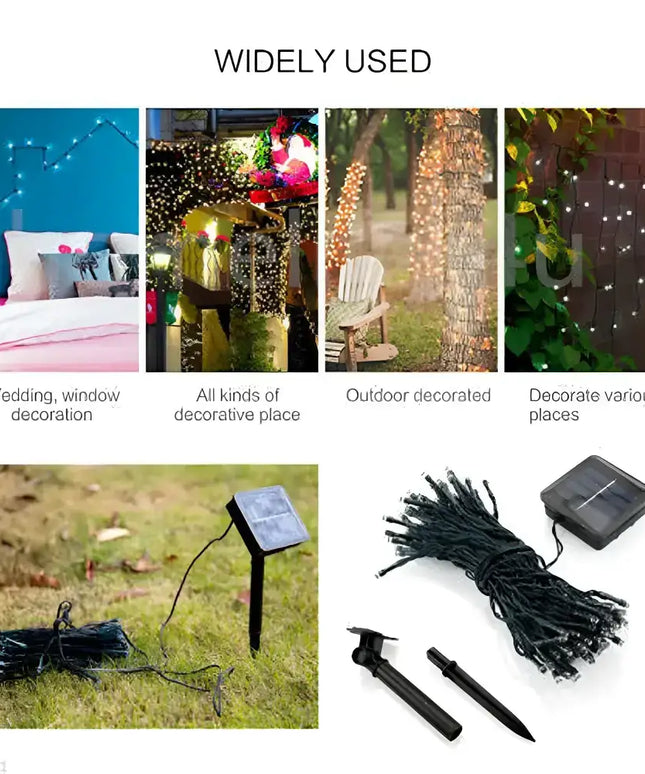 Solar-powered decorative string lights for outdoor gardens and festive celebrations