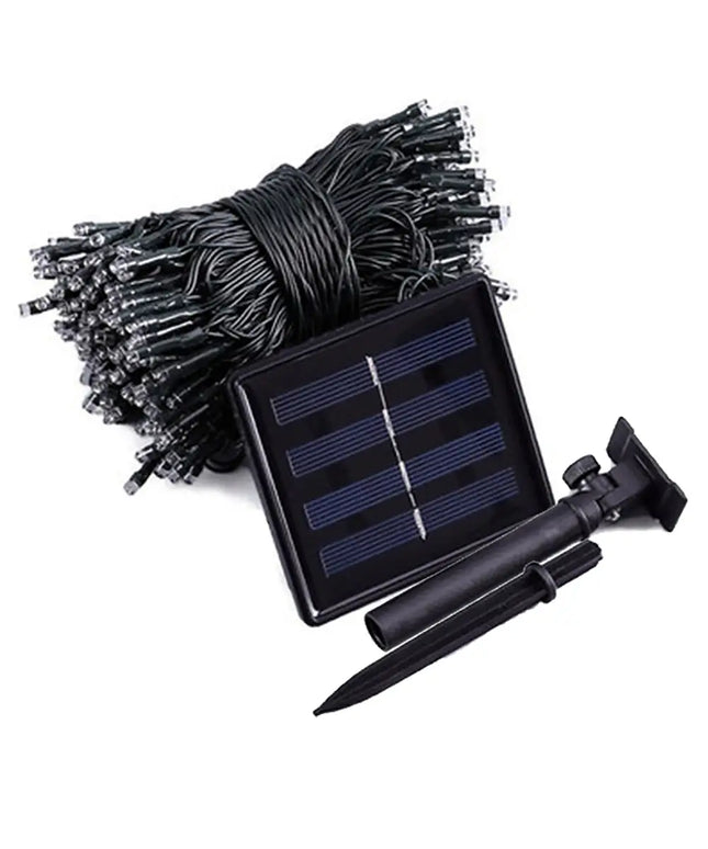 Solar-powered string lights with panel and ground stake for outdoor garden decor