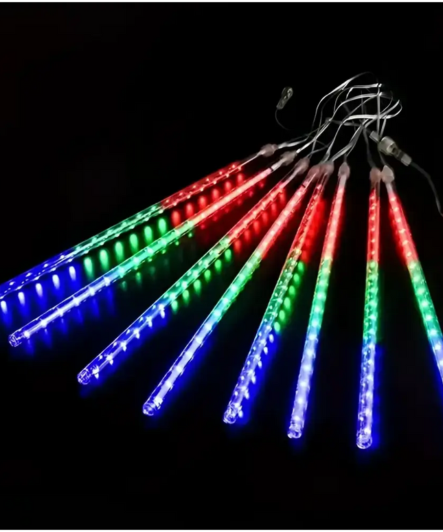 Colorful LED meteor shower lights displayed on Solar Hanging Meteor LED Tubes 8 Pack