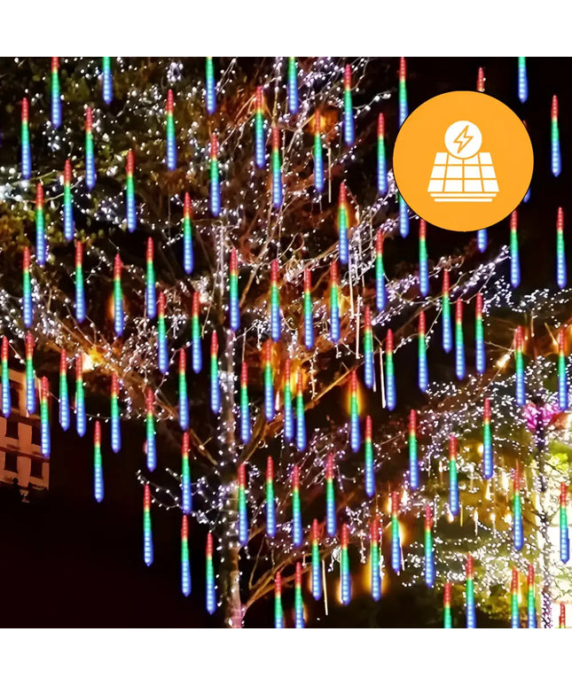 Colorful LED meteor shower lights on Solar Hanging Meteor LED Tubes 8 Pack 30cm Cool White