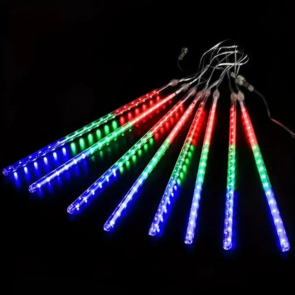 Colorful LED meteor shower lights on Solar Hanging Meteor LED Tubes 8 Pack 30cm Cool White