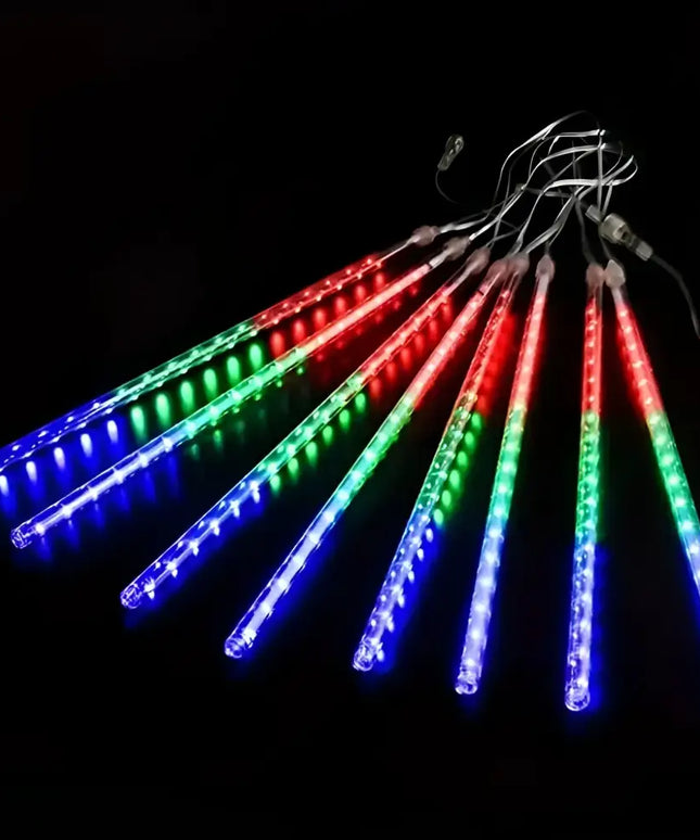 Colorful LED meteor shower lights on Solar Hanging Meteor LED Tubes 8 Pack 30cm Cool White