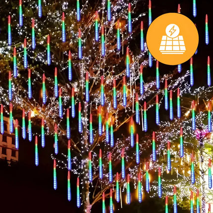 Colorful LED meteor shower lights on Solar Hanging Meteor LED Tubes 8 Pack