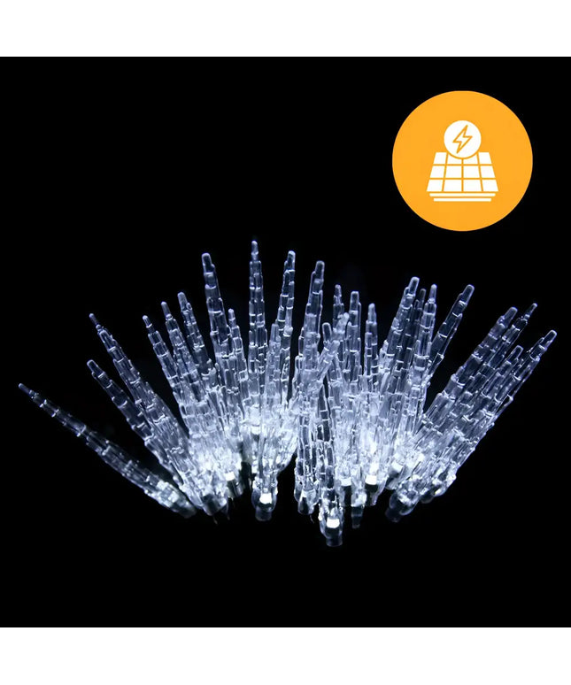 Solar-powered icicle lights in cool white for elegant outdoor illumination