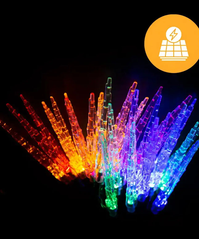 Colorful solar-powered icicle lights from Solar Icicle Strand 30 Pack in Cool White design