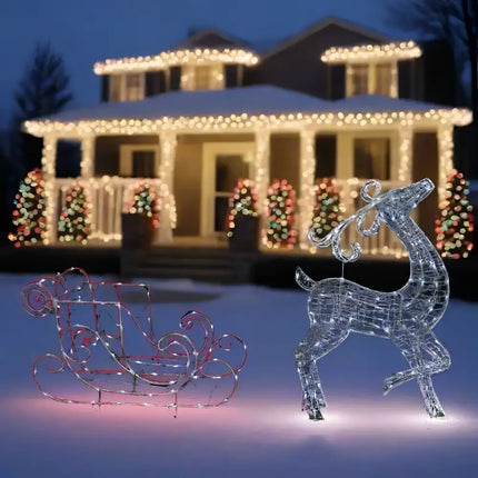 Illuminated Christmas Decorations Solar LED Acrylic Sleigh with Reindeer White