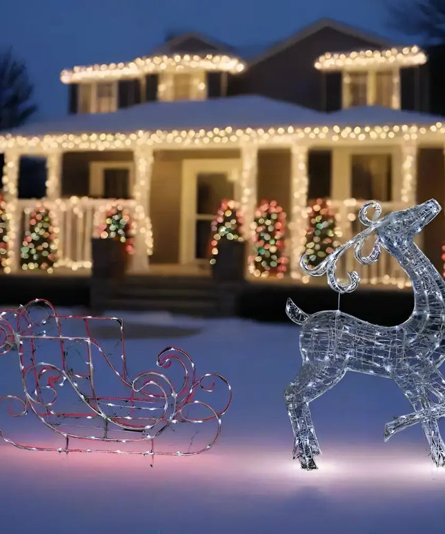 Illuminated Christmas Decorations Solar LED Acrylic Sleigh with Reindeer White
