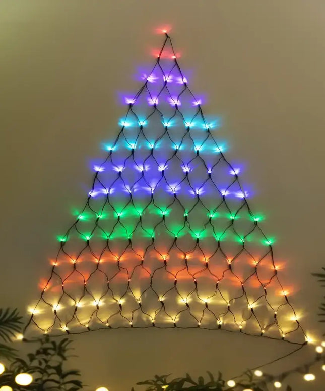 Triangular net of multicolored Solar LED Rainbow Christmas Tree Wall Net Lights