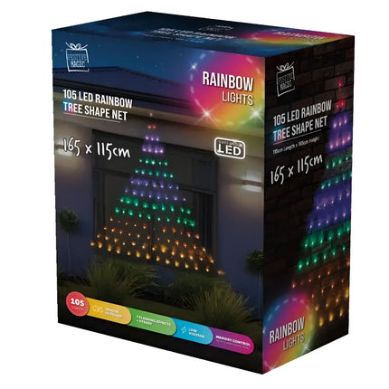Box of Solar LED Rainbow Christmas Tree Wall Net Lights featuring tree-shaped multicolor LEDs