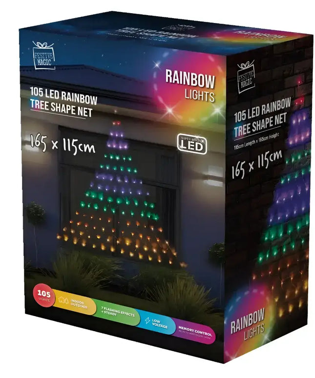 Box of Solar LED Rainbow Christmas Tree Wall Net Lights featuring tree-shaped multicolor LEDs