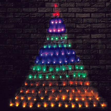 Solar LED Rainbow Christmas Tree Wall Net Lights illuminating a festive tree-shaped light display