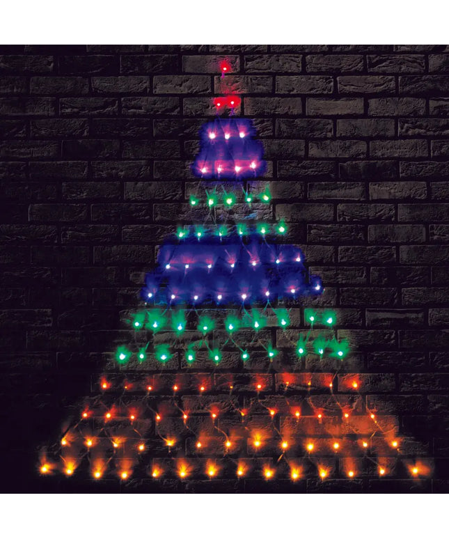 Solar LED Rainbow Christmas Tree Wall Net Lights illuminating a festive tree-shaped light display