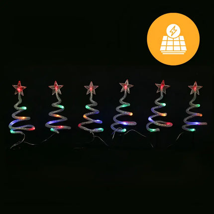 Solar-powered spiral Christmas tree lights displayed on Solar Mesh Spiral Path Trees 6 Pack