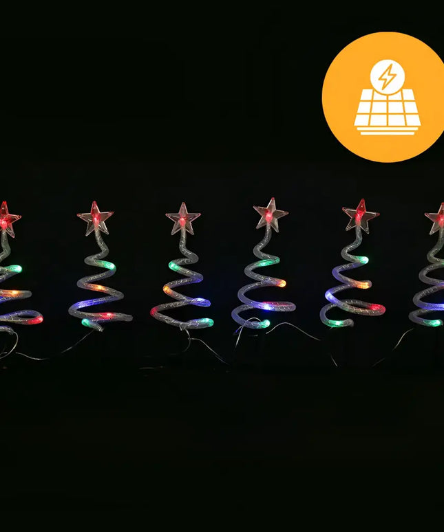 Solar-powered spiral Christmas tree lights displayed on Solar Mesh Spiral Path Trees 6 Pack