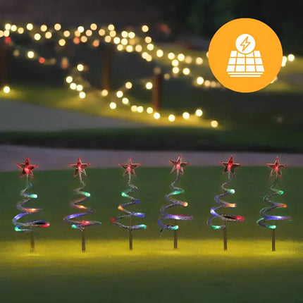 Solar-powered Christmas tree lights on Solar Mesh Spiral Path Trees 6 Pack