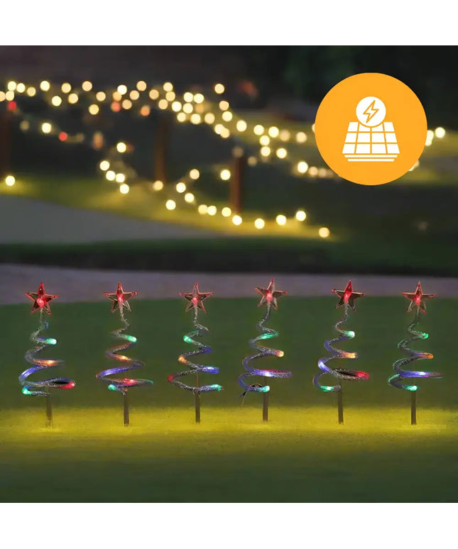 Solar-powered Christmas tree lights on Solar Mesh Spiral Path Trees 6 Pack