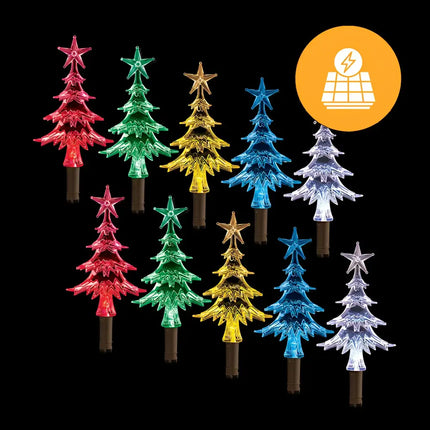 Colorful Solar-Powered Christmas Tree Lights on the Solar Mini Tree Path Lights 10 Pack