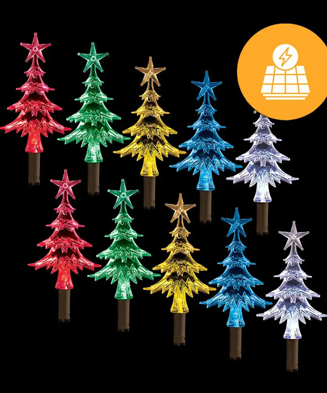 Colorful Solar-Powered Christmas Tree Lights on the Solar Mini Tree Path Lights 10 Pack