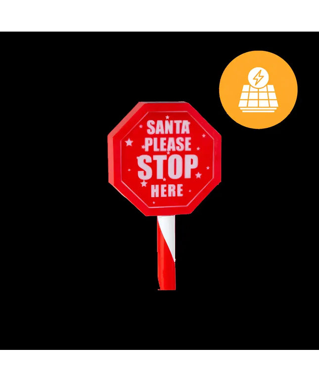 Red stop sign with solar panel icon for Solar Santa Stop Sign Stake 45cm