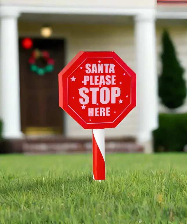 Red octagonal Santa stop sign displayed on Solar Santa Stop Sign Stake 45cm