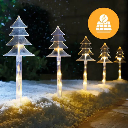 Solar-powered Christmas tree pathway lights in warm white available in 2 colors
