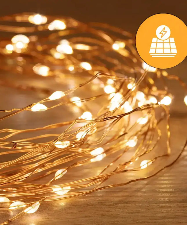 Solar-powered fairy lights with 200 LEDs, dual use wire lights in three colors