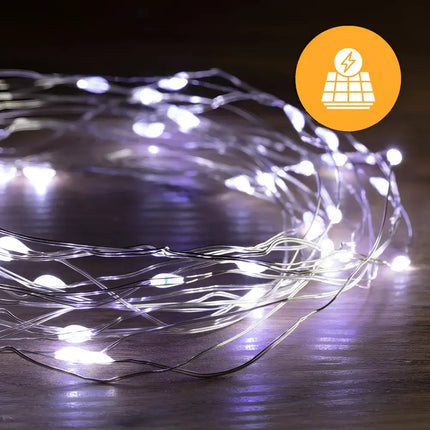 Solar-powered string lights with 200 LEDs on a 19.9m wire, available in three colors