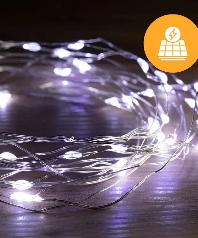Solar-powered string lights with 200 LEDs on a 19.9m wire, available in three colors