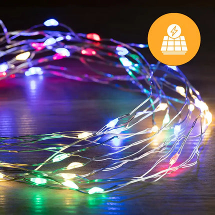 Colorful solar-powered string lights with 200 LED dual-use wire, 19.9m length, three color options