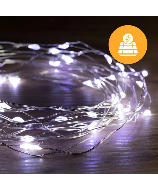 Solar-powered string lights connected to the Solar USB 200 LED Dual Use Wire Lights in multicolor