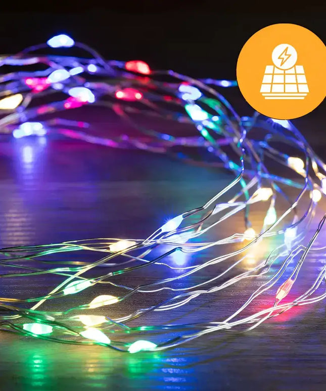 Colorful solar-powered 200 LED Dual Use Wire Lights displayed in warm white, suitable for outdoor decor