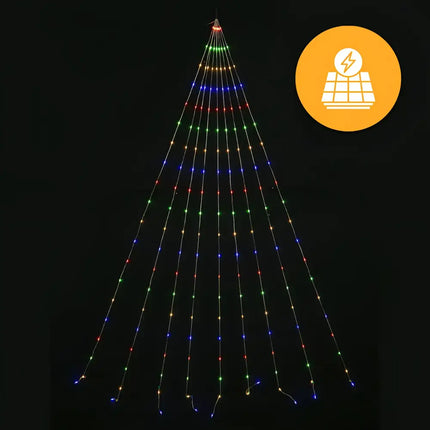 Solar-powered multicolored LED string lights arranged in a cascading tree shape for outdoor decoration