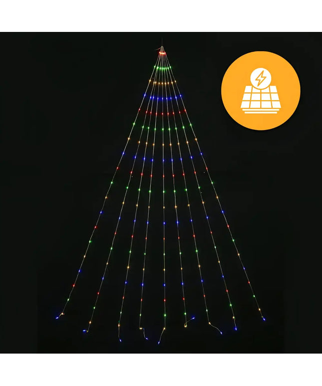Solar-powered multicolored LED string lights arranged in a cascading tree shape for outdoor decoration