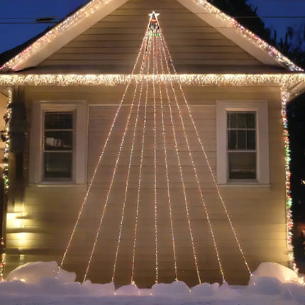House decorated with colorful Solar Waterfall Strand Lights for festive holiday illumination
