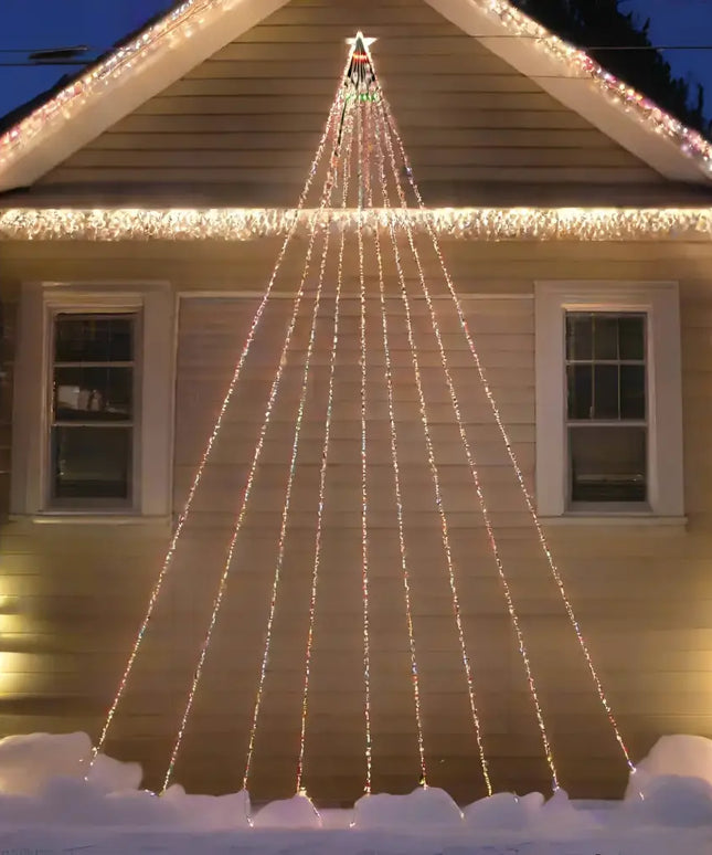 House decorated with colorful Solar Waterfall Strand Lights for festive holiday illumination
