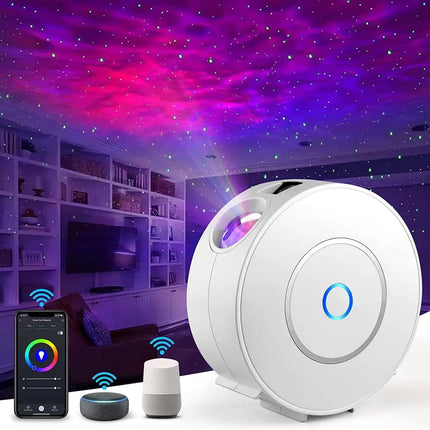 White star projector displaying galaxy lights, compatible with Alexa and Google Home