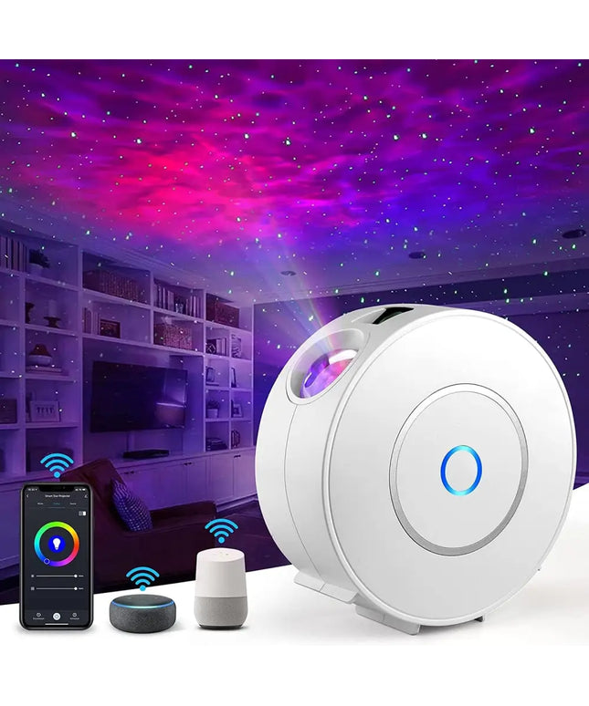 White star projector displaying galaxy lights, compatible with Alexa and Google Home