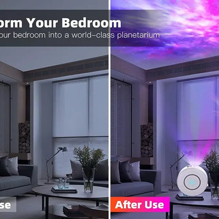Star projector transforming a bedroom with Galaxy Light, compatible with Alexa and Google Home