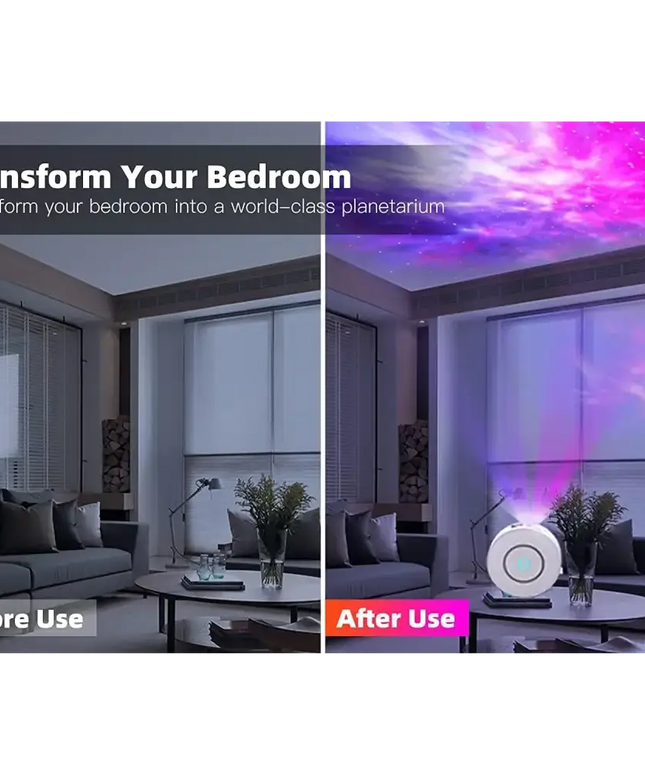 Star projector transforming a bedroom with Galaxy Light, compatible with Alexa and Google Home