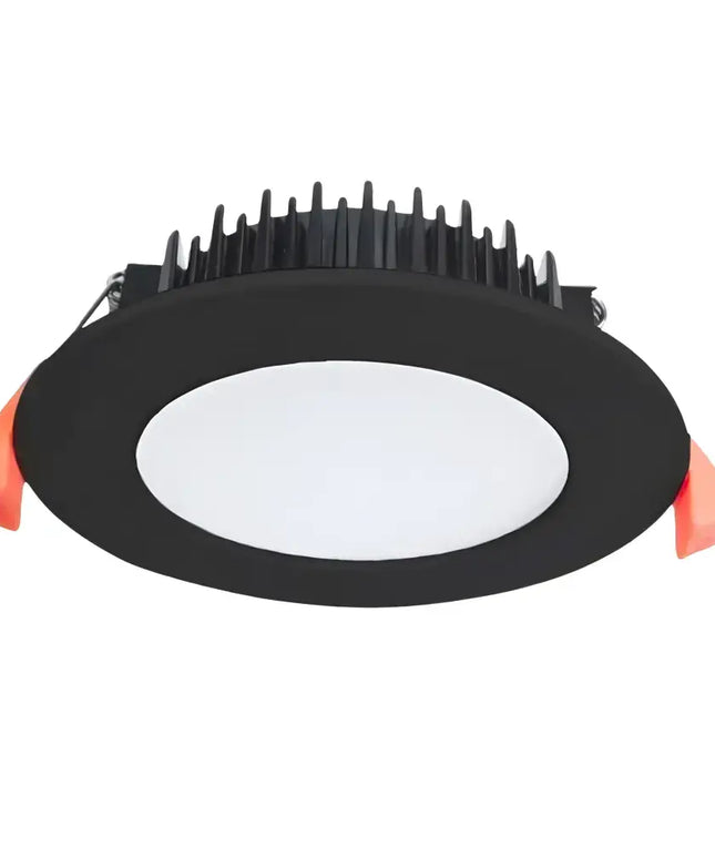 Black round recessed LED downlight with orange spring clips, Domus Tek 90mm LED downlight